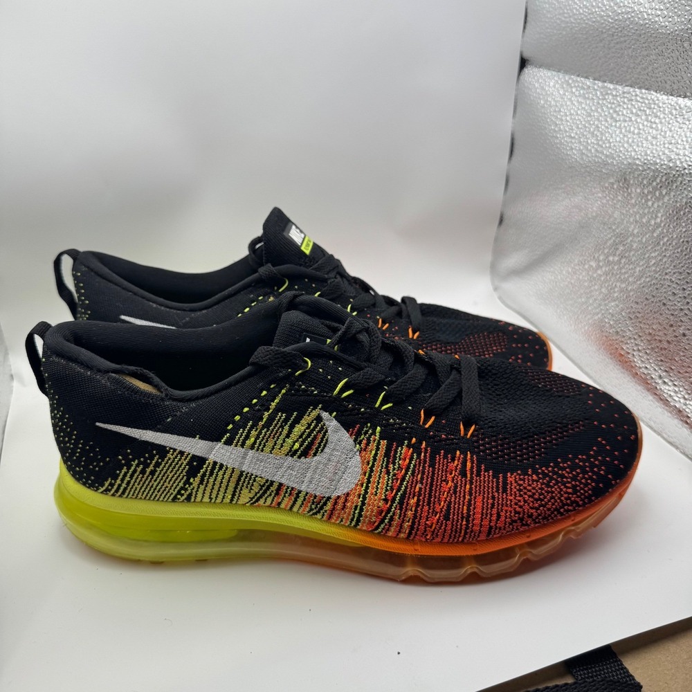 Nike Flyknit Max Black Orange Yellow Running Shoes 620469-007 Mens No TAG Fit 12